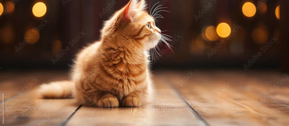 Poster Thick red cat with a fluffy coat sitting on a wooden floor and attentively looking up. with copy space image. Place for adding text or design