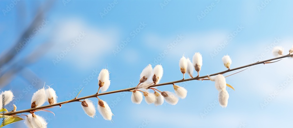 Leinwandbilder branch of a plant with delicate white flowers contrasting against the backdrop of a clear blue sky. 