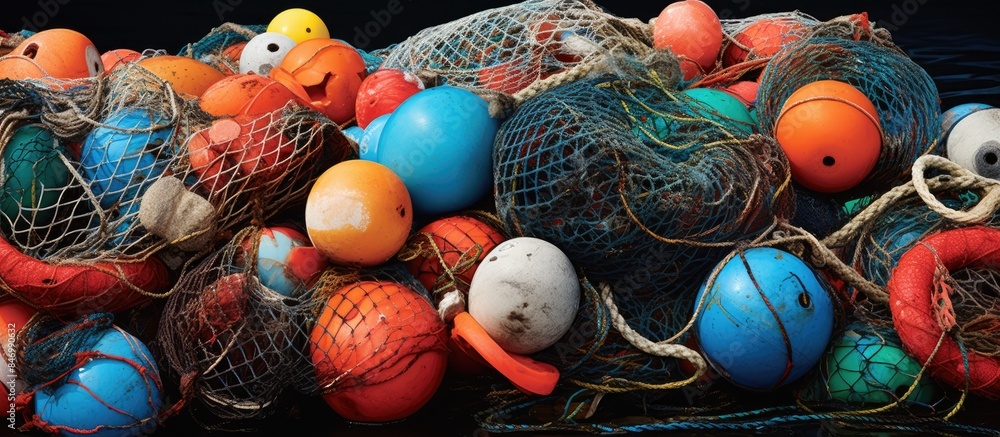 Aufkleber Vibrant fishing nets stacked on a surface, showcasing a mix of colors and textures. with copy space image. Place for adding text or design