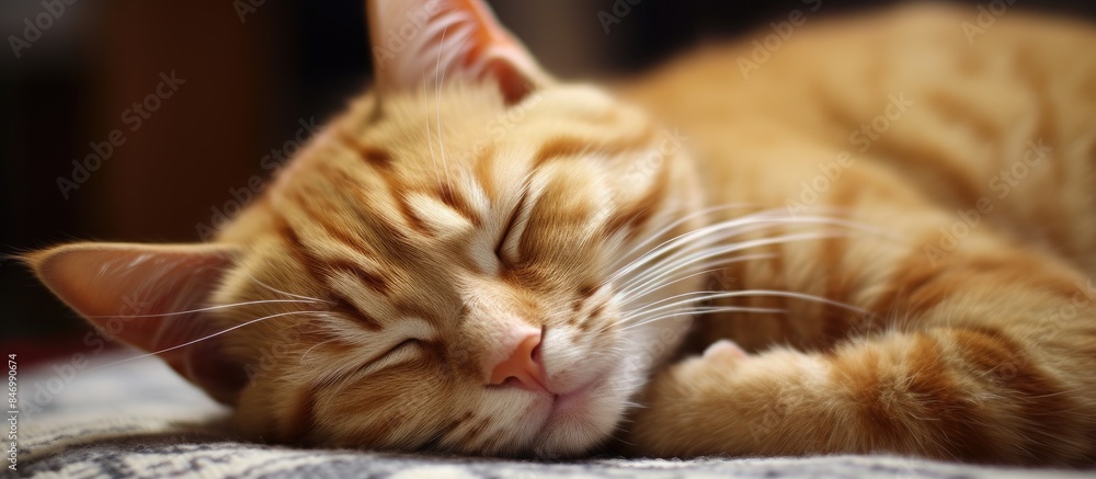 Aufkleber Cat with ginger fur sleeping peacefully in an amusing pose on a soft blanket. with copy space image. Place for adding text or design