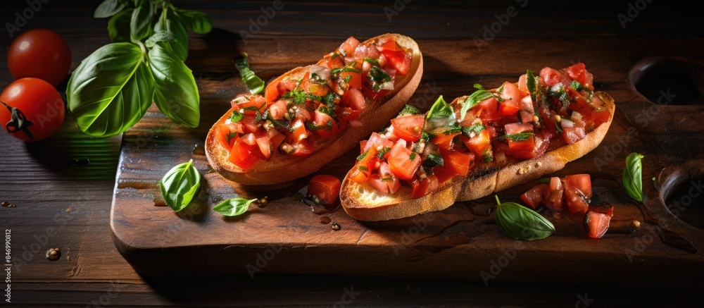 Poster freshly prepared bruschetta with ripe tomatoes, fragrant basil, and diced onion served on a rustic w