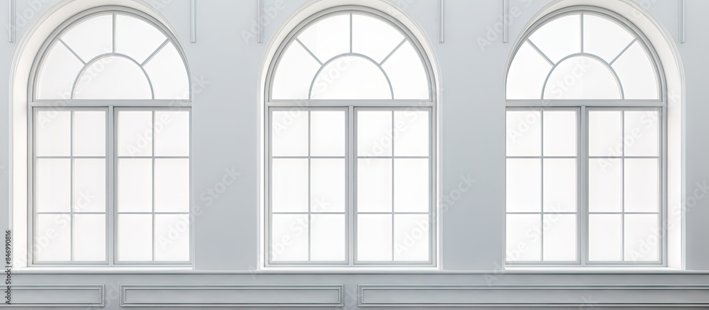 Leinwandbilder White room features three arched windows with a bench in between them, creating a simple and elegant interior. with copy space image. Place for adding text or design