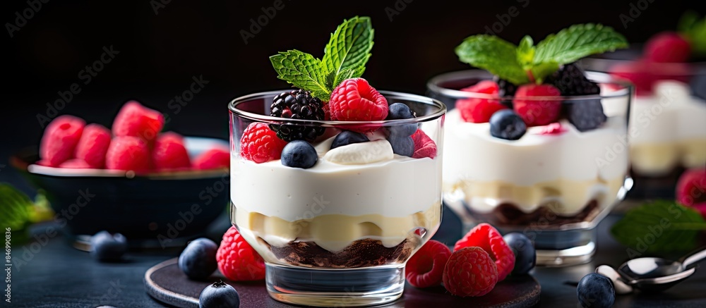 Poster panna cotta dessert served in small transparent glasses topped with fresh raspberries, blueberries, 