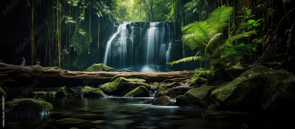 Leinwandbilder peaceful waterfall amidst green moss-covered rocks in a dense jungle environment. with copy space im