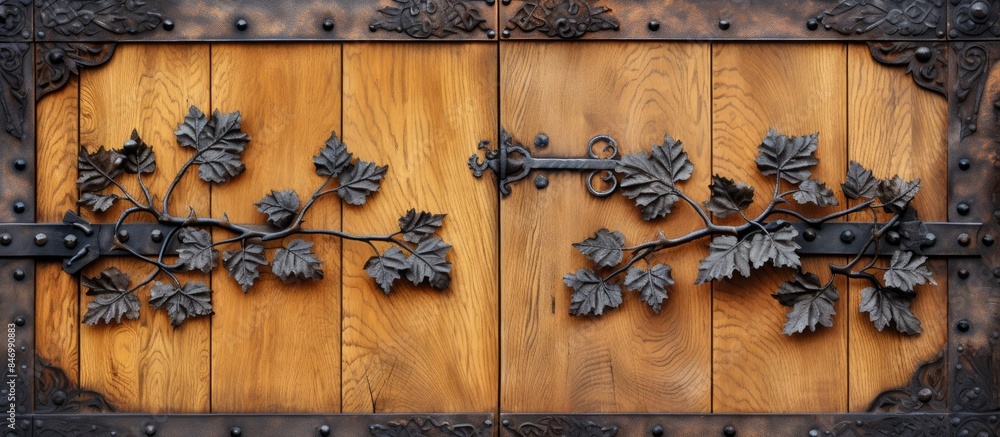 Poster Close-up view of a wooden door featuring a metal handle and intricate vine design detail. with copy space image. Place for adding text or design