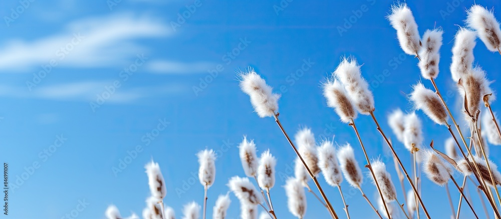 Leinwandbilder white fluffy grass stands tall against the backdrop of a clear blue sky on a peaceful day. with copy