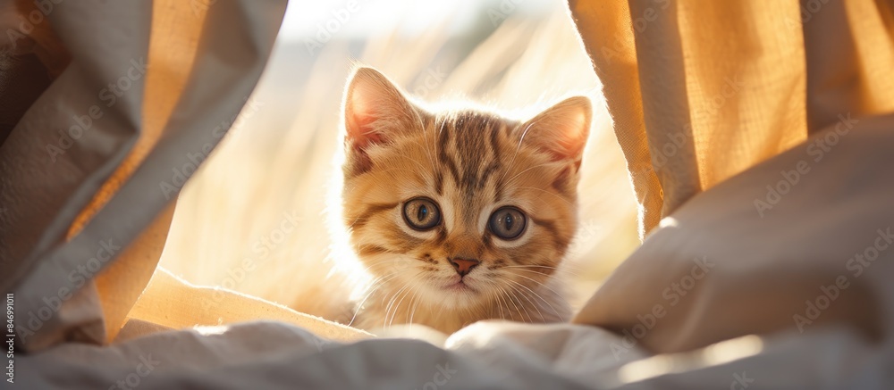 Poster Scottish kitten playfully scratches under the sunlit curtains in a cozy indoor setting. with copy space image. Place for adding text or design