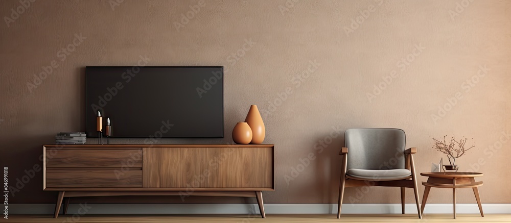 Poster cozy living room setup with a tv, chair, and wooden desk with stylish decor on a sideboard. with cop
