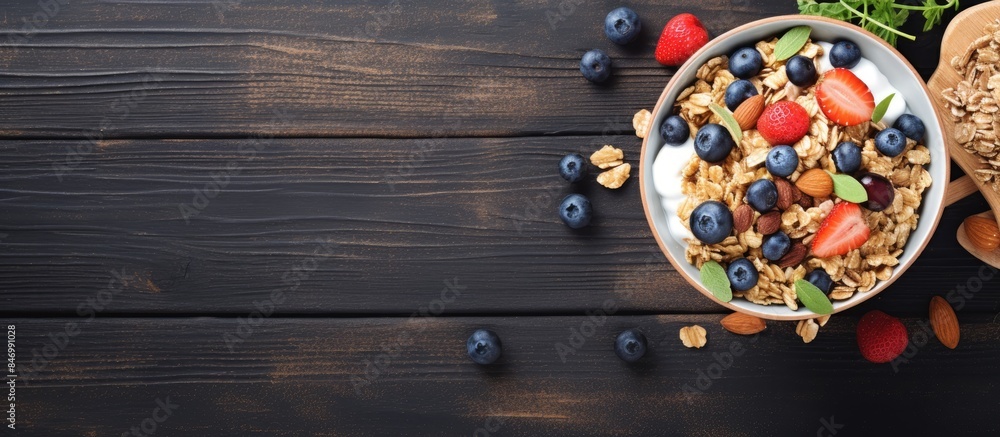 Poster close-up view of a delicious bowl of cereal topped with a variety of fresh berries and nuts. with co
