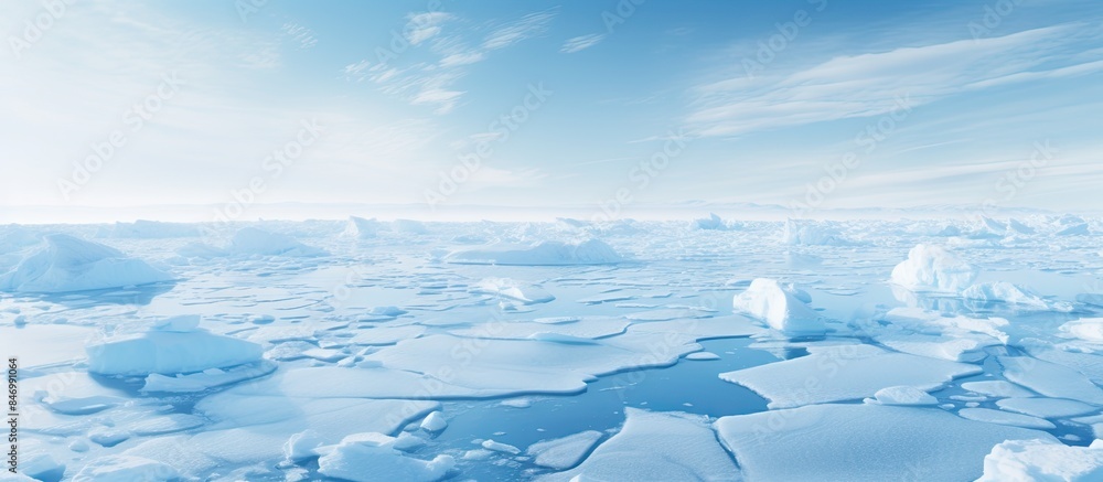 Poster The image showcases a cluster of ice floating on the vast expanse of the ocean's surface, hinting at the cold embrace of nature's frozen beauty. with copy space image. Place for adding text or design