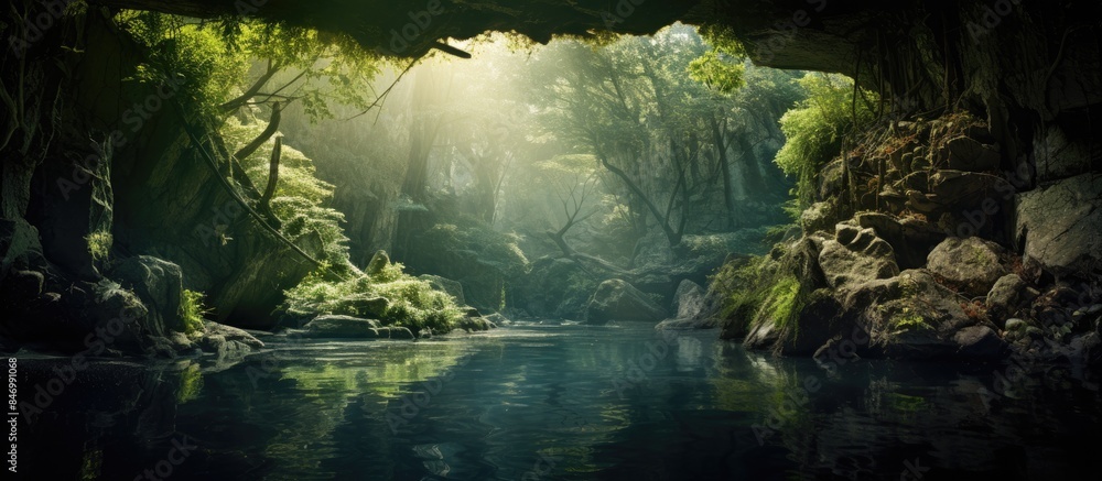 Aufkleber capturing nature's beauty in a hidden cave where a river flows gracefully among trees and rocks. wit