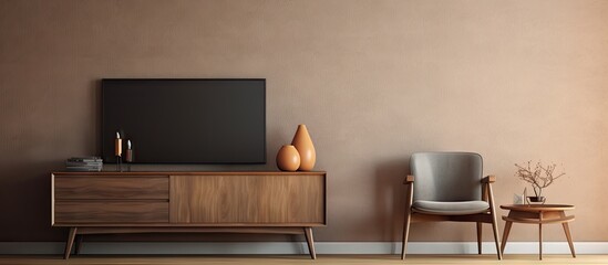 Cozy living room setup with a TV, chair, and wooden desk with stylish decor on a sideboard. with copy space image. Place for adding text or design