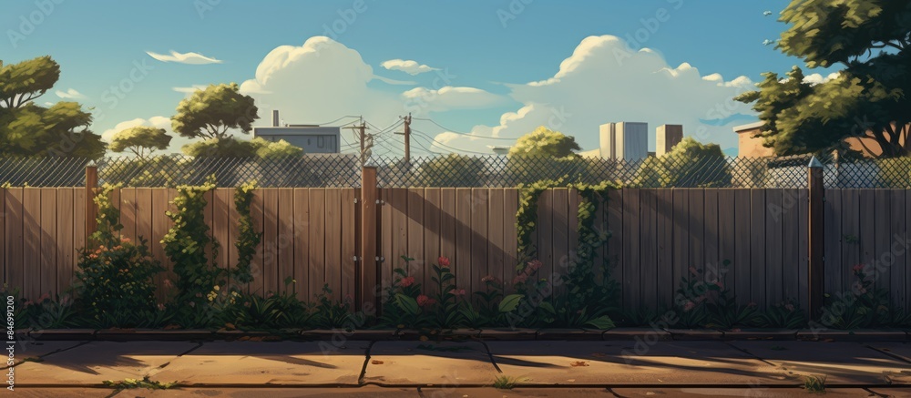 Aufkleber lush green plants flourishing on a wooden fence as a low block is visible behind it. with copy space