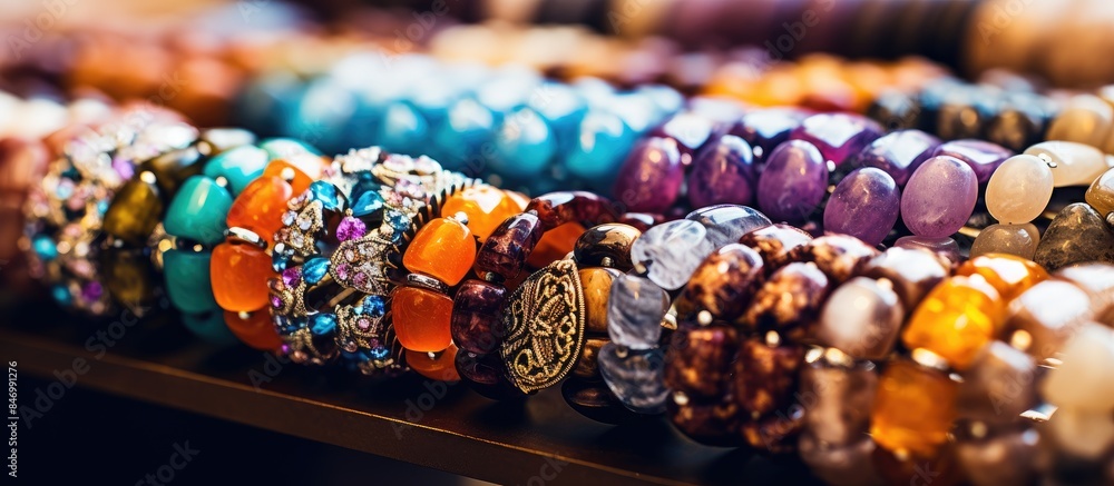Poster original bracelets with precious stones showcased in a jewelry store. with copy space image. place f