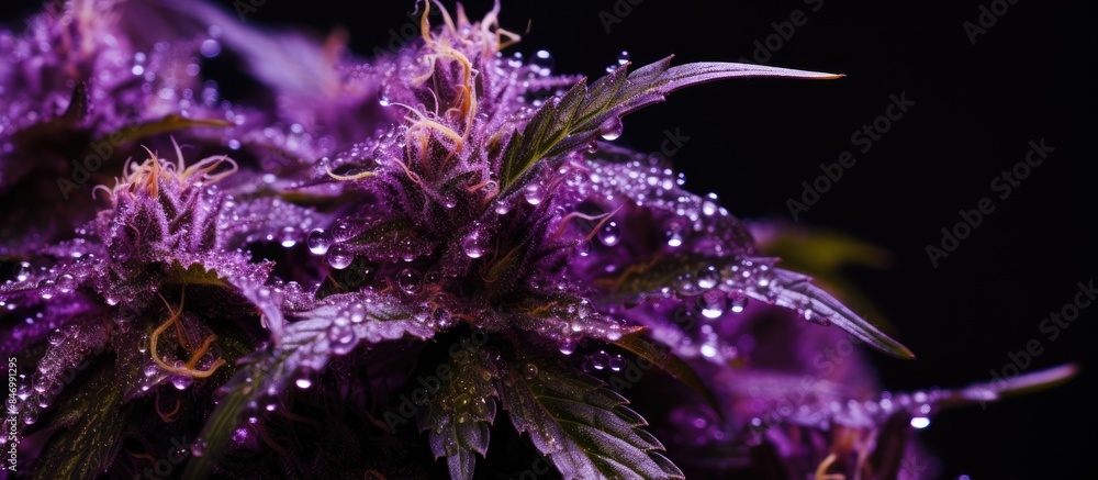 Poster macro view of water droplets on a vibrant purple plant, showcasing the beauty of nature up close. wi