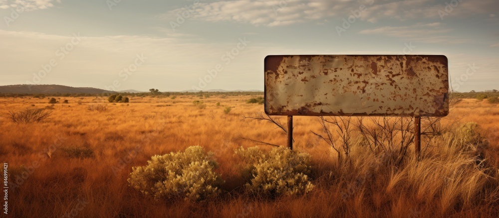 Aufkleber An old and weathered sign stands in a field of dry grass, set against a backdrop of distant mountains. with copy space image. Place for adding text or design