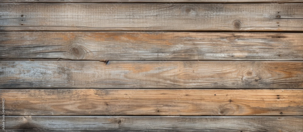 Poster Close-up view of a wooden wall composed of numerous wood planks creating a rustic texture background fence. with copy space image. Place for adding text or design