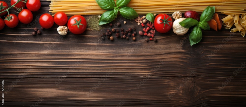 Poster pasta, fresh tomatoes, basil leaves, and various spices arranged on a table in a close-up view for a