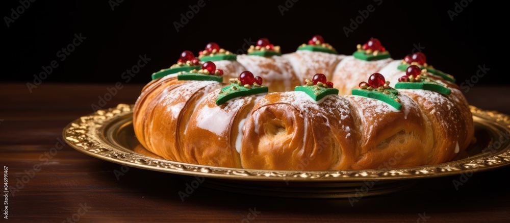 Fototapete delicious cake topped with icing and decorations displayed on a plate. with copy space image. place 