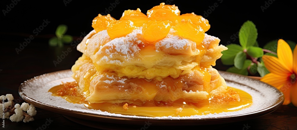 Fototapete Sliced oranges and other citrus fruits arranged on a plate next to a traditional Chinese pastry filled with salted egg lava. with copy space image. Place for adding text or design