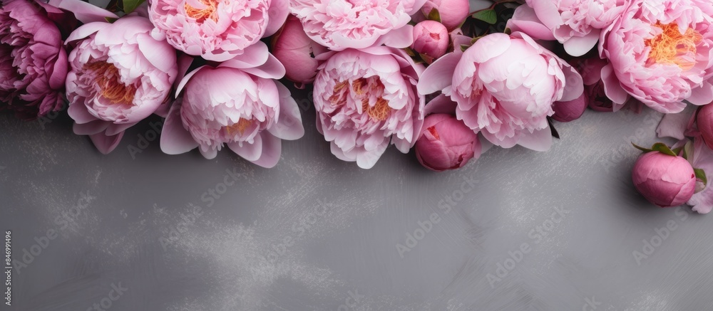 Fototapete Peonies in various shades of pink beautifully arranged on a simple and elegant gray background suitable for adding text. with copy space image. Place for adding text or design