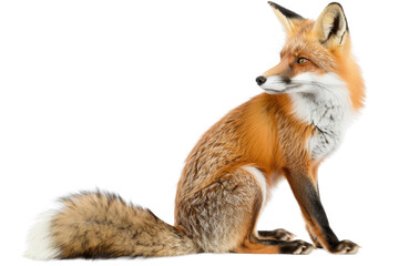 Obraz premium A beautiful red fox sitting and looking to the side, showcasing its thick, fluffy tail and vibrant fur against a transparent background.