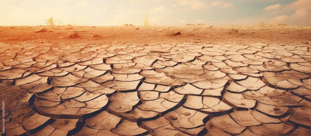 Aufkleber Dry and parched ground showing deep cracks with a sky background due to drought. with copy space image. Place for adding text or design