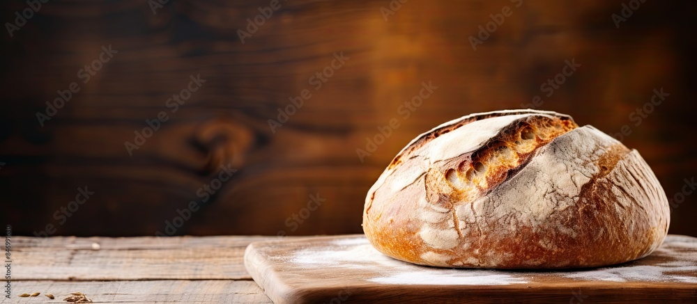 Poster homemade artisan round sourdough bread resting on a circular wooden surface. with copy space image. 