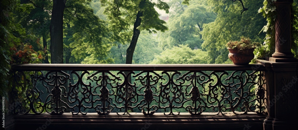 Poster Rustic wrought iron balcony adorned with potted plant, surrounded by lush trees. with copy space image. Place for adding text or design