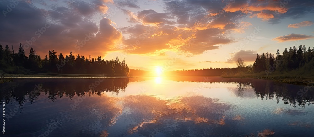 Leinwandbilder golden sunlight breaks through the clouds, casting a warm glow over the serene lagoon. with copy spa