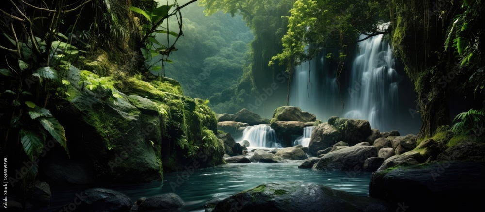 Poster flowing waterfall amidst dense greenery of a tropical jungle with rocks and trees surrounding. with 