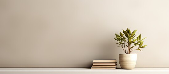 A green plant in a decorative vase placed beside a collection of colorful books on a wooden shelf. with copy space image. Place for adding text or design