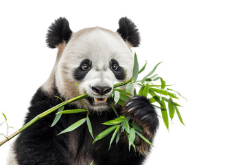 A cute panda munching on bamboo leaves against a transparent background. showcasing the animal's...