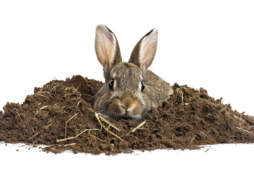 A cute rabbit poking its head out of a pile of dirt. Perfect for nature or animal-themed projects.