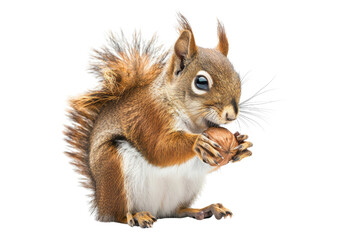Obraz premium A cute squirrel holding a nut, isolated on a transparent background. The close-up highlights its delicate fur and inquisitive eyes.