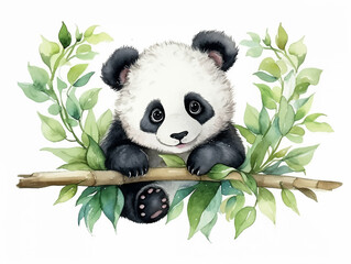 Set of cute baby panda bear on the tree branch watercolor isolated white background. Vector illustration © Pickoloh