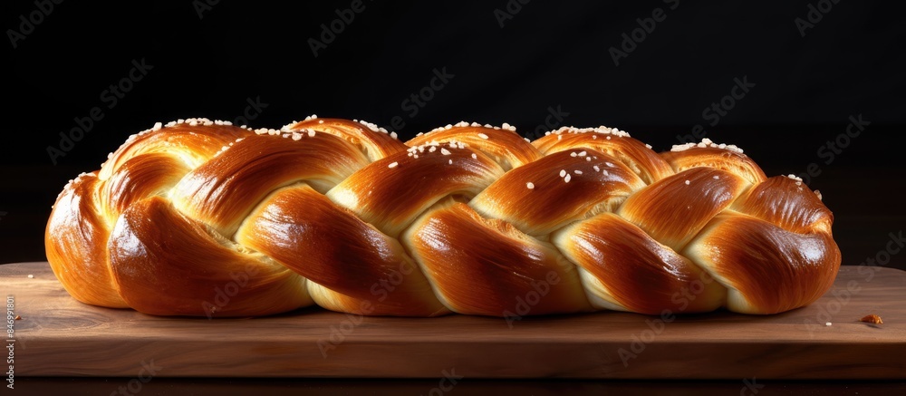 Fototapete close-up of a beautifully braided bread loaf displayed on a rustic wooden cutting board. with copy s