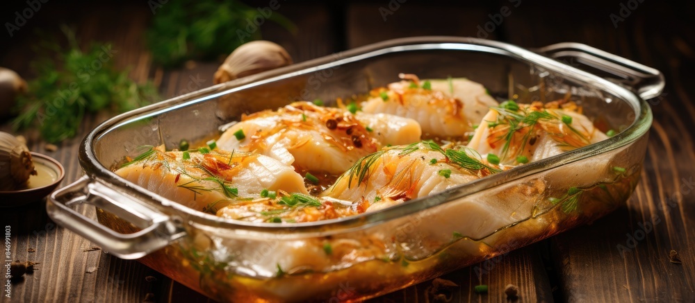 Aufkleber Sliced fish marinated with onions and spices arranged in a bowl placed on a wooden surface, with a selective focus. with copy space image. Place for adding text or design