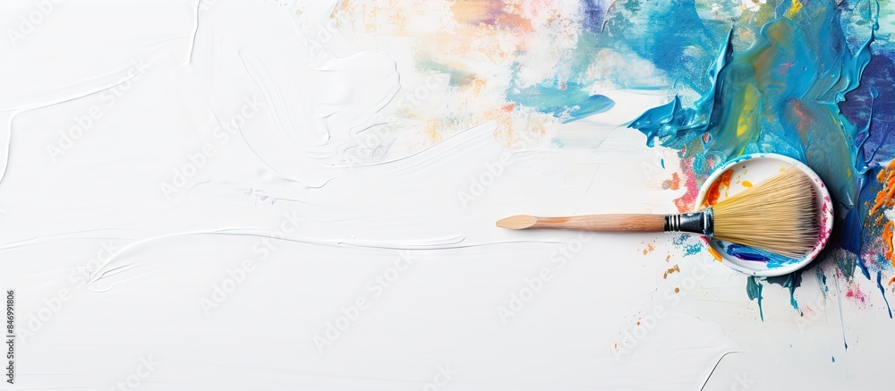Poster Close-up view of a paintbrush with fresh paint strokes on a clean white surface. with copy space image. Place for adding text or design