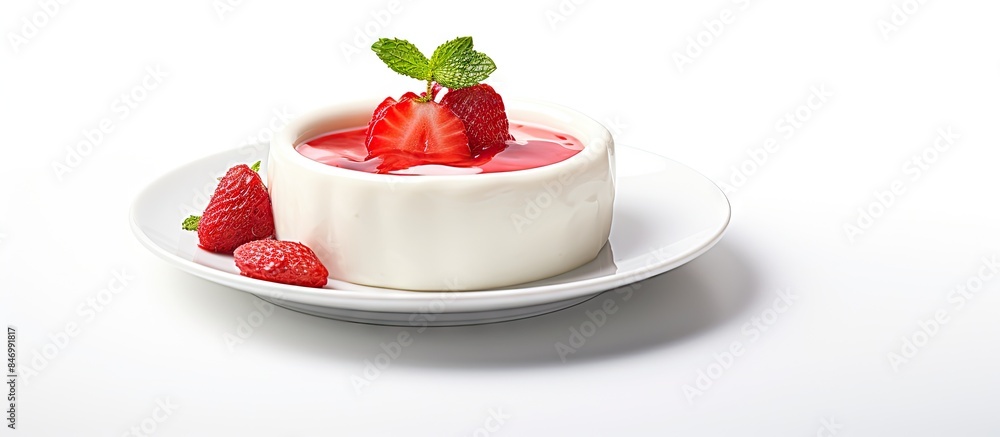 Poster small white plate holding a bowl of assorted fruits. with copy space image. place for adding text or