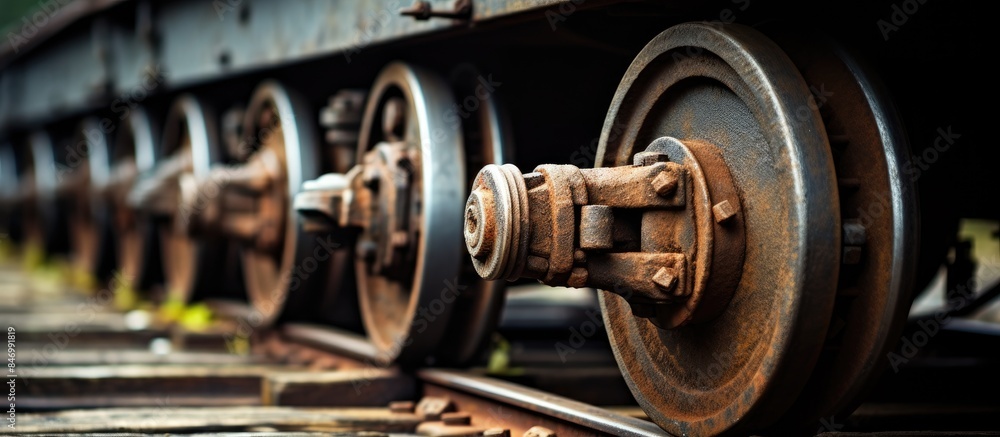 Aufkleber Detailed shot showcasing a train wheel on the tracks of a railway system, illustrating precision engineering and transportation. with copy space image. Place for adding text or design