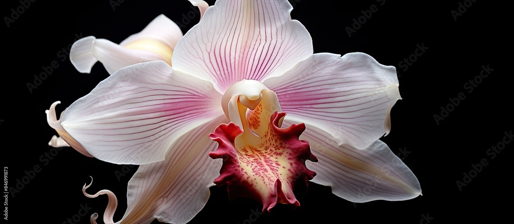Poster white flower with pink center on black backdrop. isolated orchid delicately showcasing beauty agains