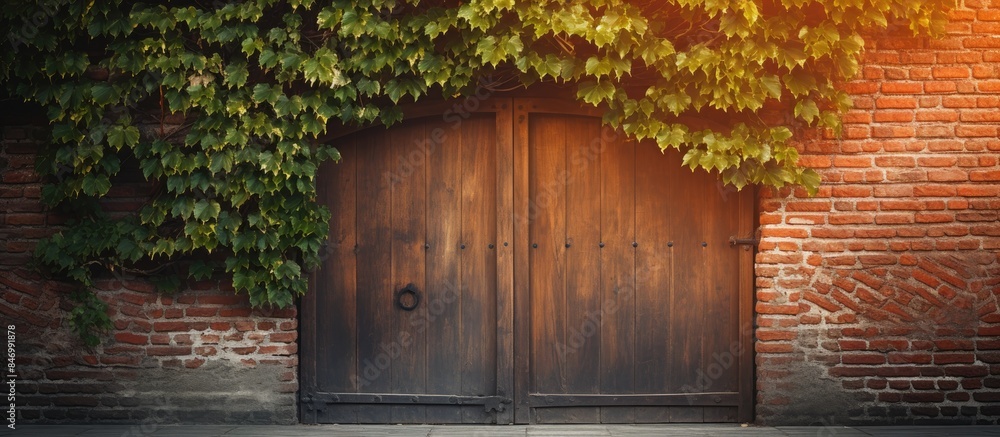 Poster rustic wooden door in close-up against a backdrop of a brick wall covered in ivy at sunset. with cop