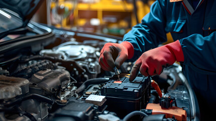 Hand technician of auto mechanic is working on repairing a car.