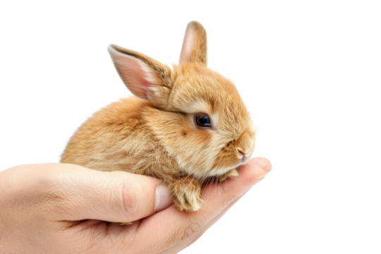 A person gently holds a small, fluffy brown baby rabbit in their hand on a transparent background. Perfect for pet, animal, and nature themes.
