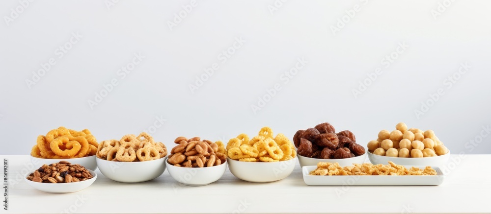 Poster assorted nuts in bowls lined up on a surface, showcasing a variety of nut types. with copy space ima