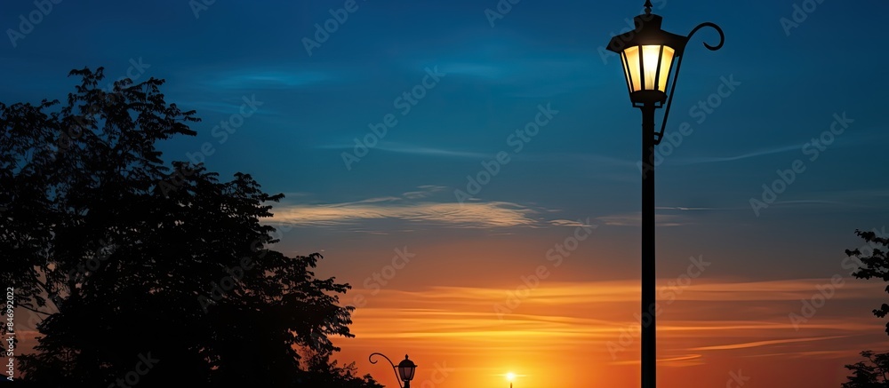Fototapete Urban scene with a tree in the foreground, as the sun sets behind a street light powered by solar energy. with copy space image. Place for adding text or design