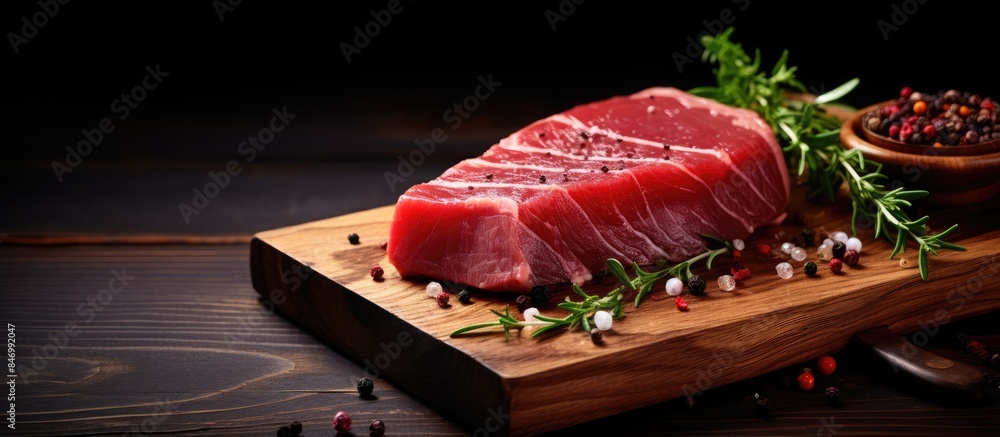 Leinwandbilder fresh beef meat displayed on a wooden cutting board, seasoned with spices and pepper. with copy spac