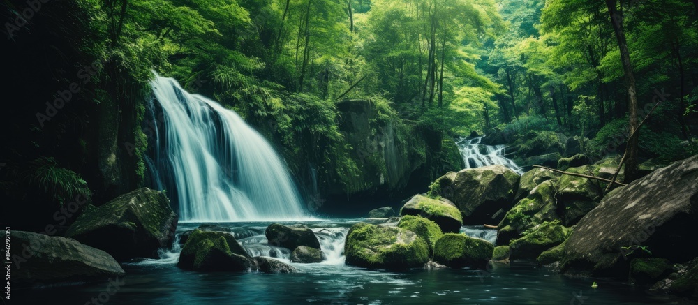 Leinwandbilder crystal clear waterfall flowing down a mountain among dense green forest with rocks and trees. with 