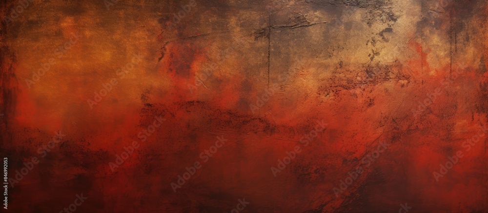 Poster Red and brown painting featuring an oxidized metallic texture with a black border. with copy space image. Place for adding text or design